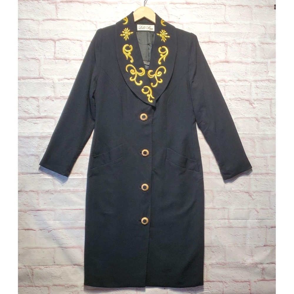 VTG Lilli Ann Coat Womens 6 Medium Black Long Gold Embroidered Dressy Retro 80s